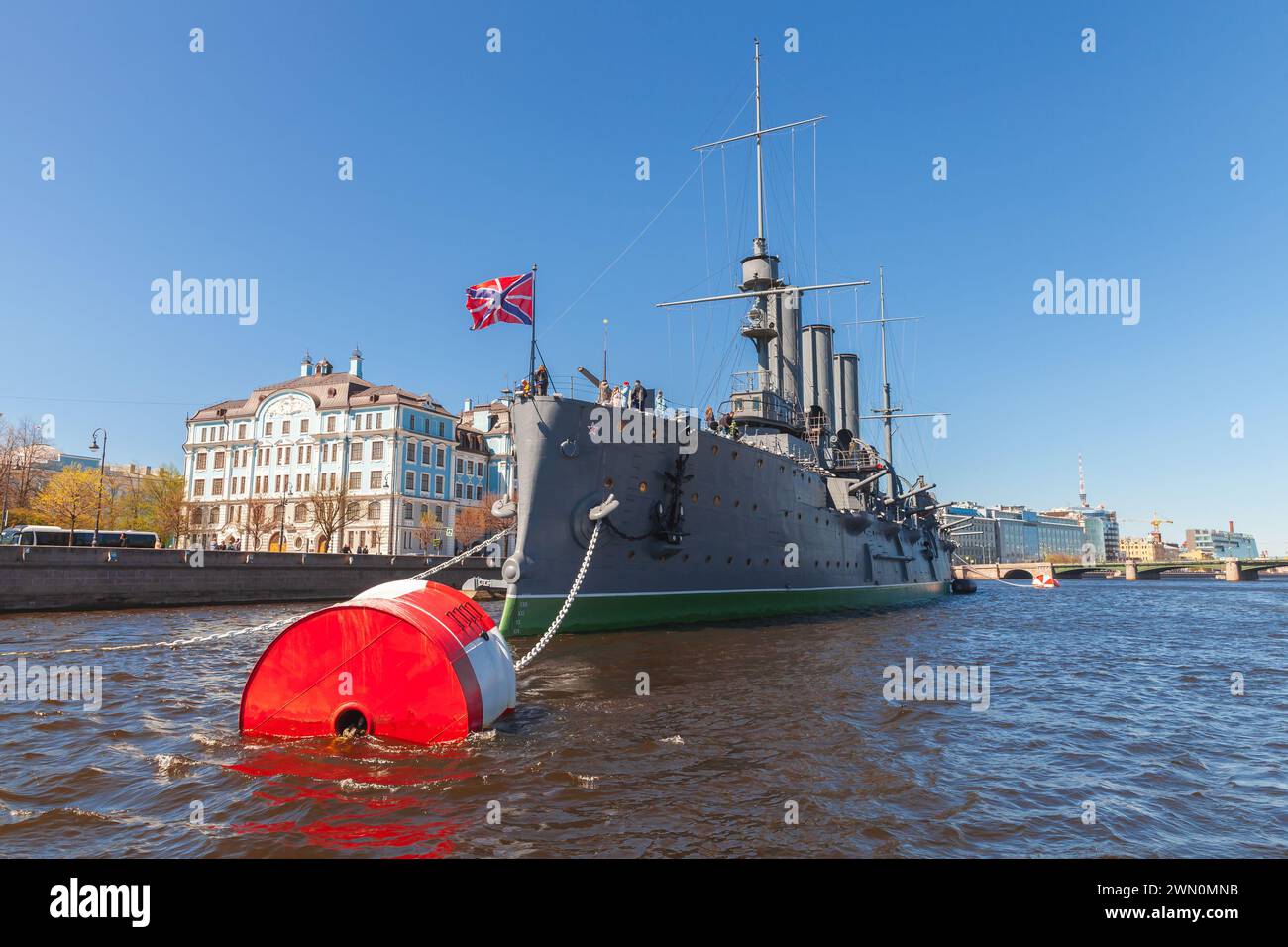 St-Petersburg, Russia - May 21, 2022: Aurora is a Russian protected cruiser is moored on Neva river in St.Petersburg, currently preserved as a museum Stock Photo