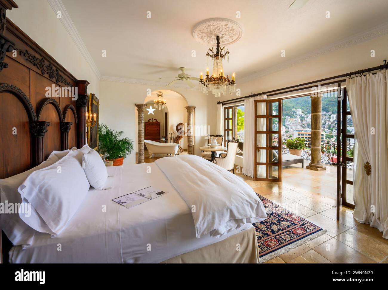The Velvet Suite guest room in Casa Kimberly, a luxury boutique hotel in Puerto Vallarta, Mexico. Stock Photo