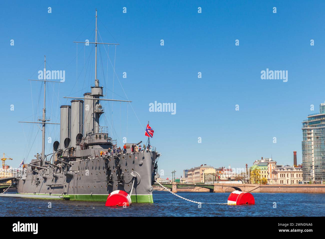St-Petersburg, Russia - May 21, 2022: Aurora is a Russian protected cruiser, currently preserved as a museum ship is moored in Saint Petersburg, Russi Stock Photo
