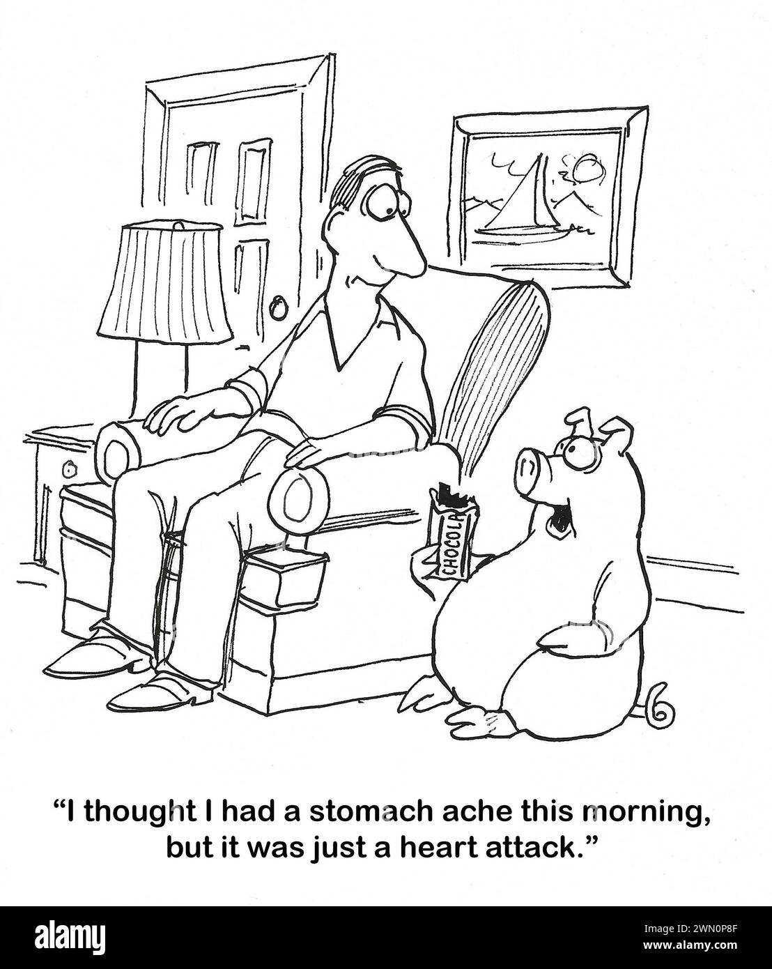 BW cartoon of a pet pig talking with a man - the pig had a heart attack that morning from eating too much. Stock Photo