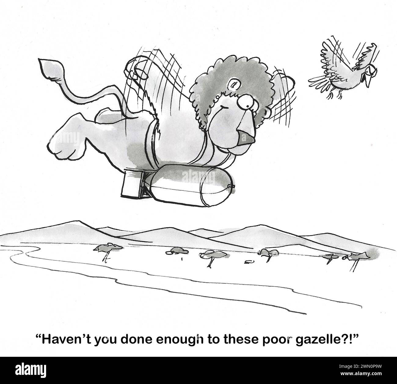 BW cartoon of a flying lion about to bomb a 'poor gazelle'. Stock Photo