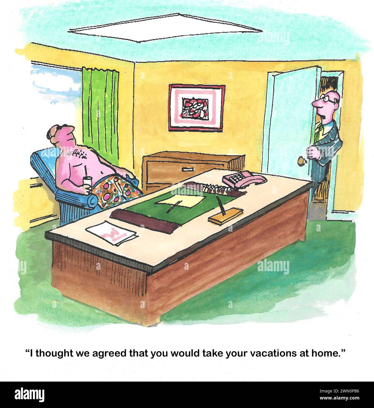 Color cartoon of a man sunbathing at work as his boss is dismayed. Stock Photo