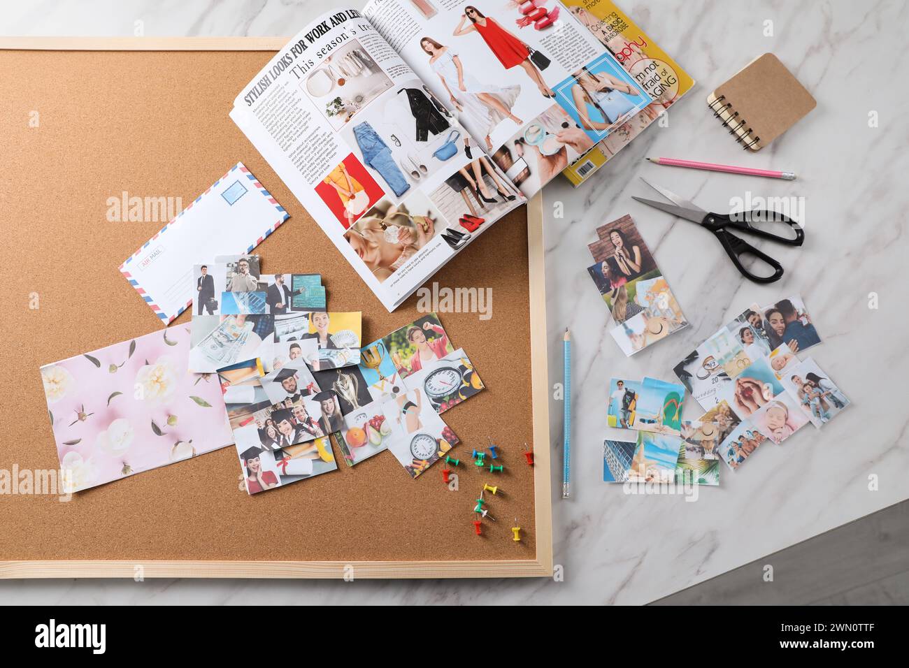 flat-lay-composition-with-different-photos-magazines-and-stationery-on