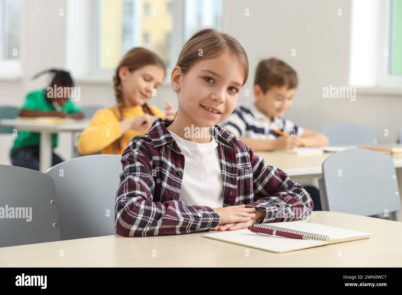 Smiling little girl studying in classroom at school Stock Photo - Alamy