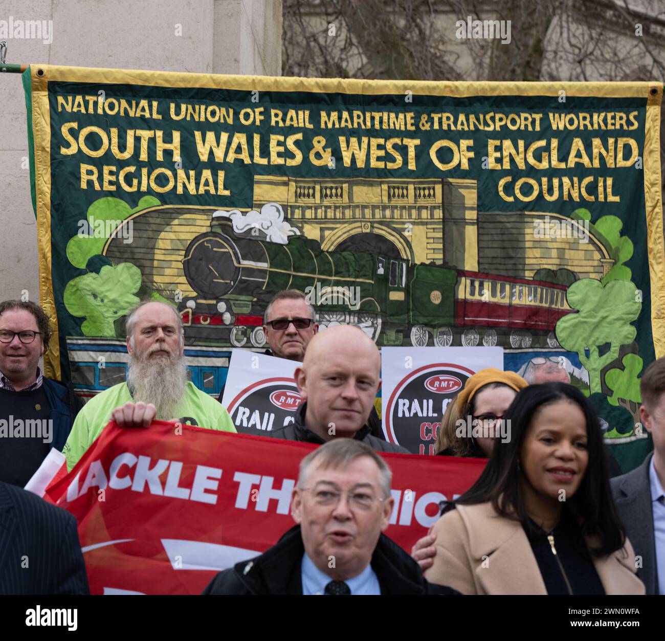 London, UK. 28th Feb, 2024. National Union of Rail, Maritime and Transport Workers (RMT) rally in Old Palace Yard, on the ongoing rail workers dispute Credit: Ian Davidson/Alamy Live News Stock Photo