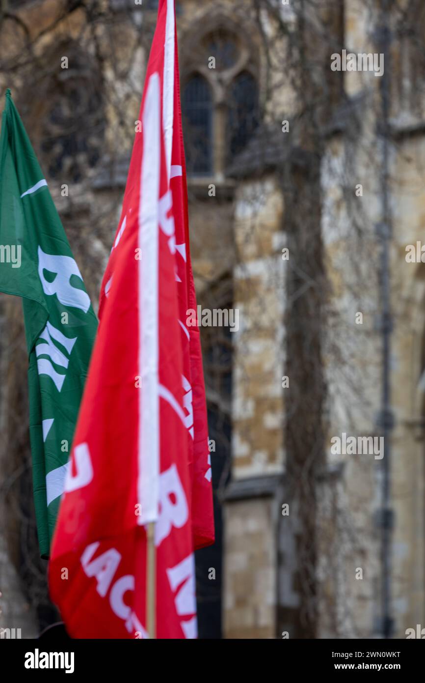 London, UK. 28th Feb, 2024. National Union of Rail, Maritime and Transport Workers (RMT) rally in Old Palace Yard, on the ongoing rail workers dispute Credit: Ian Davidson/Alamy Live News Stock Photo