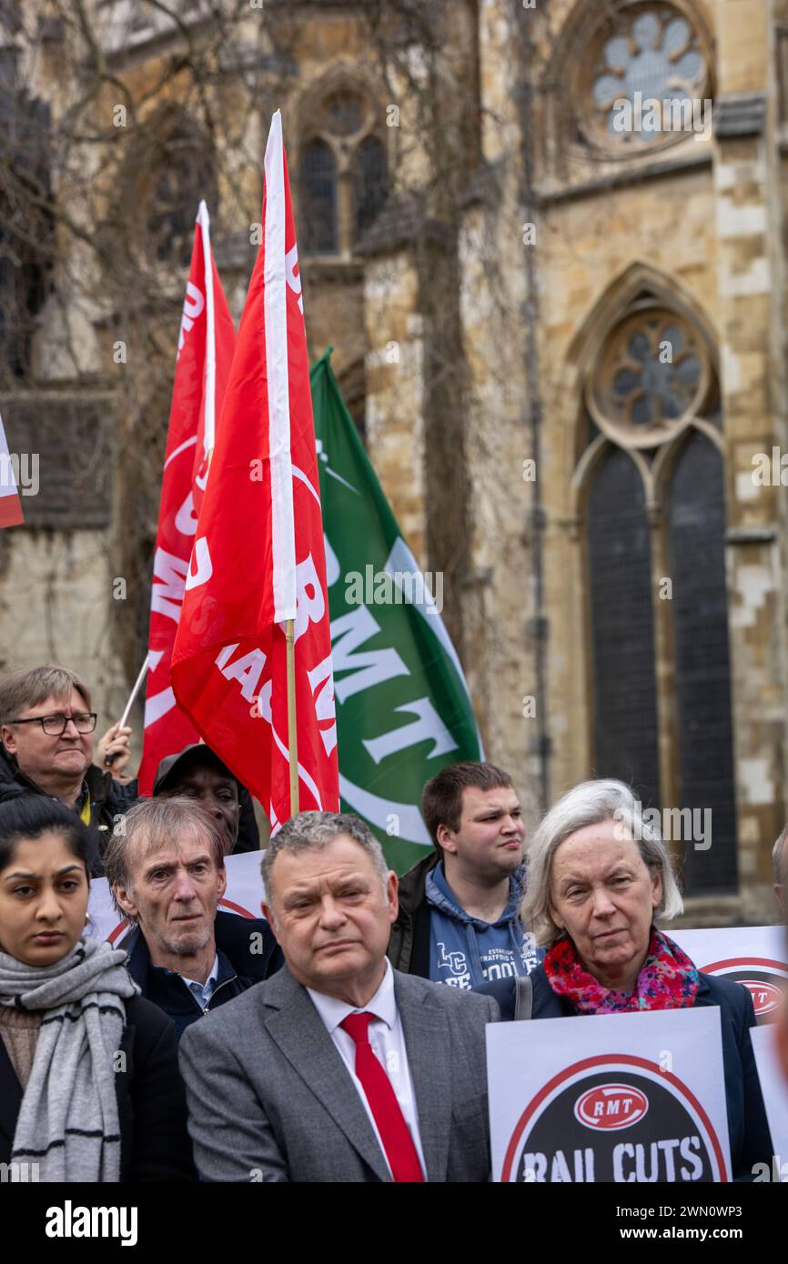 London, UK. 28th Feb, 2024. National Union of Rail, Maritime and Transport Workers (RMT) rally in Old Palace Yard, on the ongoing rail workers dispute Credit: Ian Davidson/Alamy Live News Stock Photo