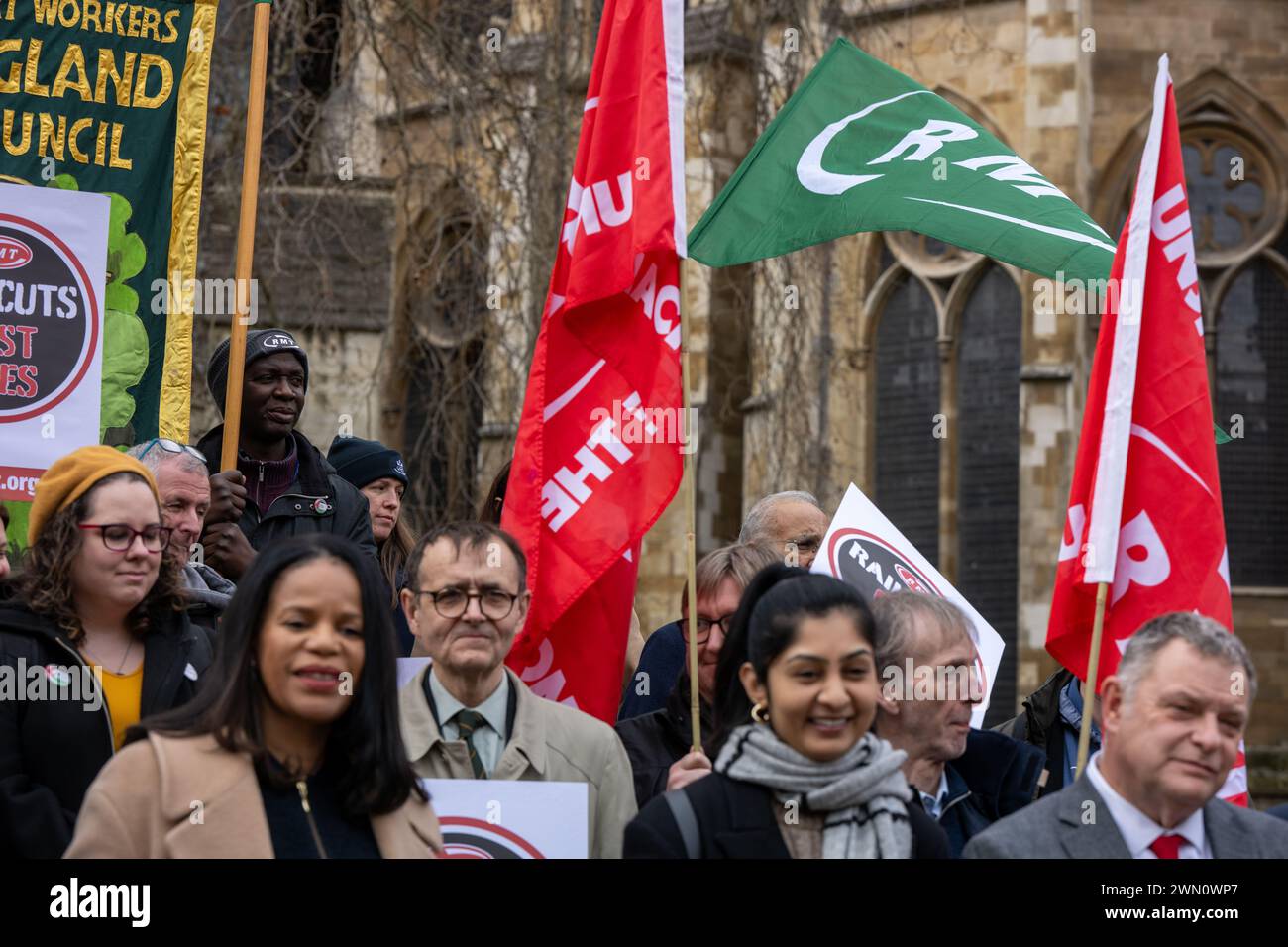 London, UK. 28th Feb, 2024. National Union of Rail, Maritime and Transport Workers (RMT) rally in Old Palace Yard, on the ongoing rail workers dispute Credit: Ian Davidson/Alamy Live News Stock Photo