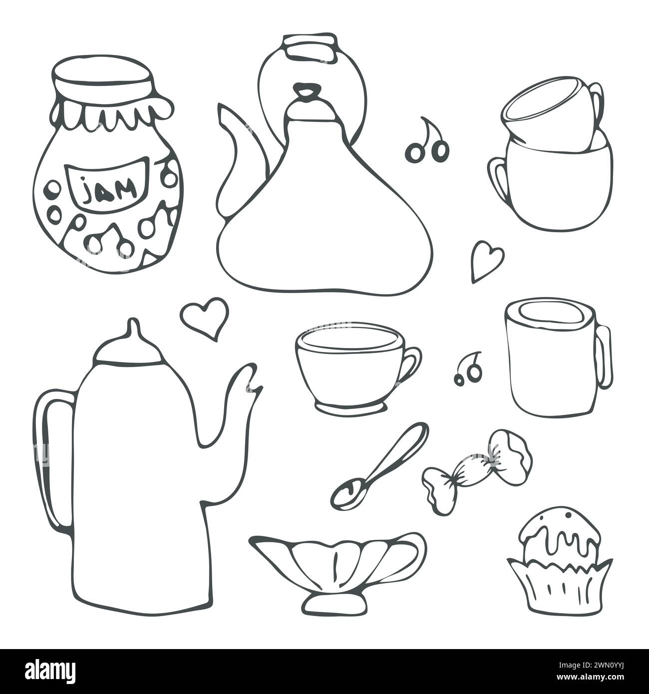 Teatime Icons Set. Hand drawn black contour stroke, outline doodle