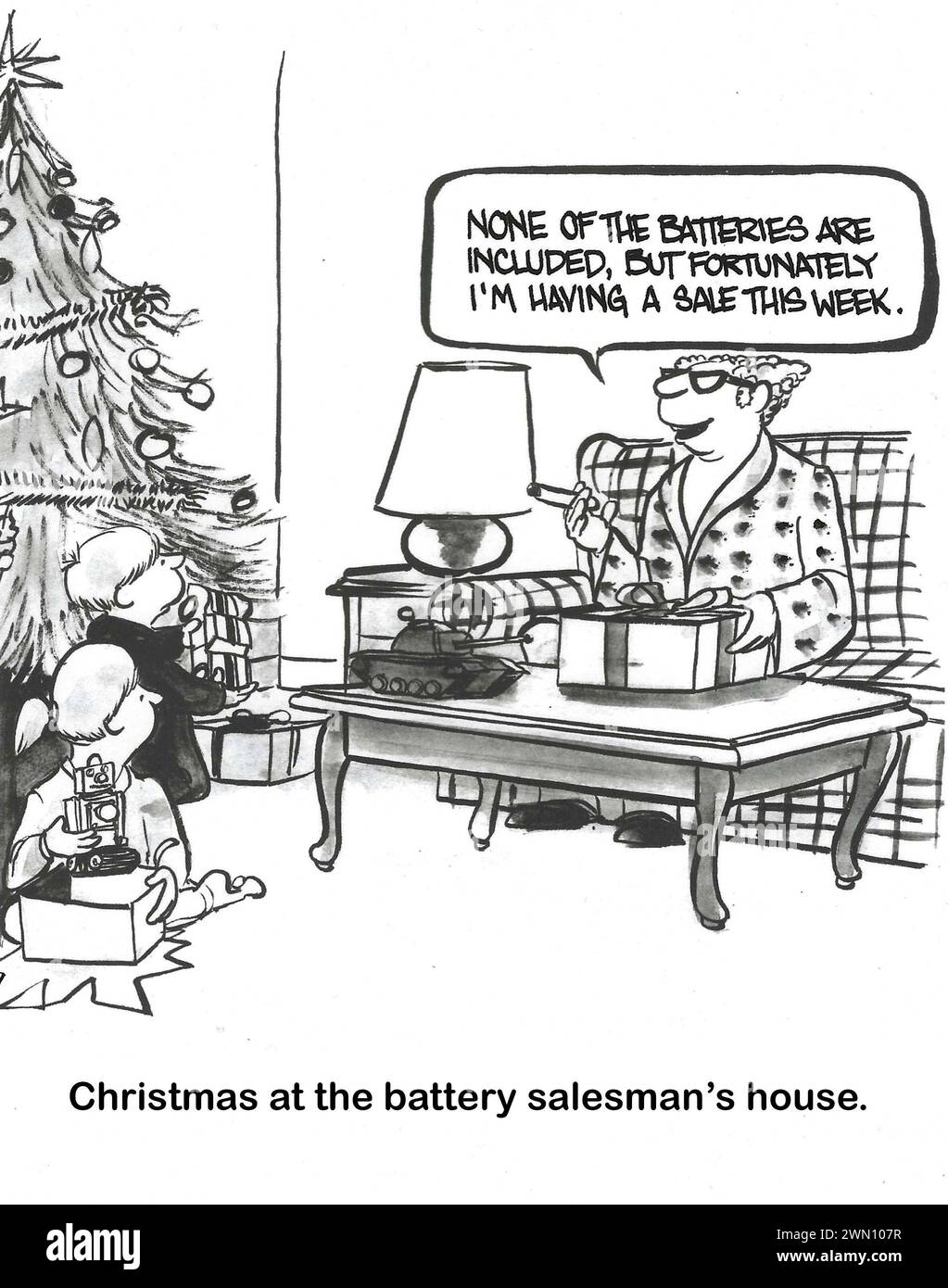 BW cartoon of a sinister father. The kids' Christmas gifts came without