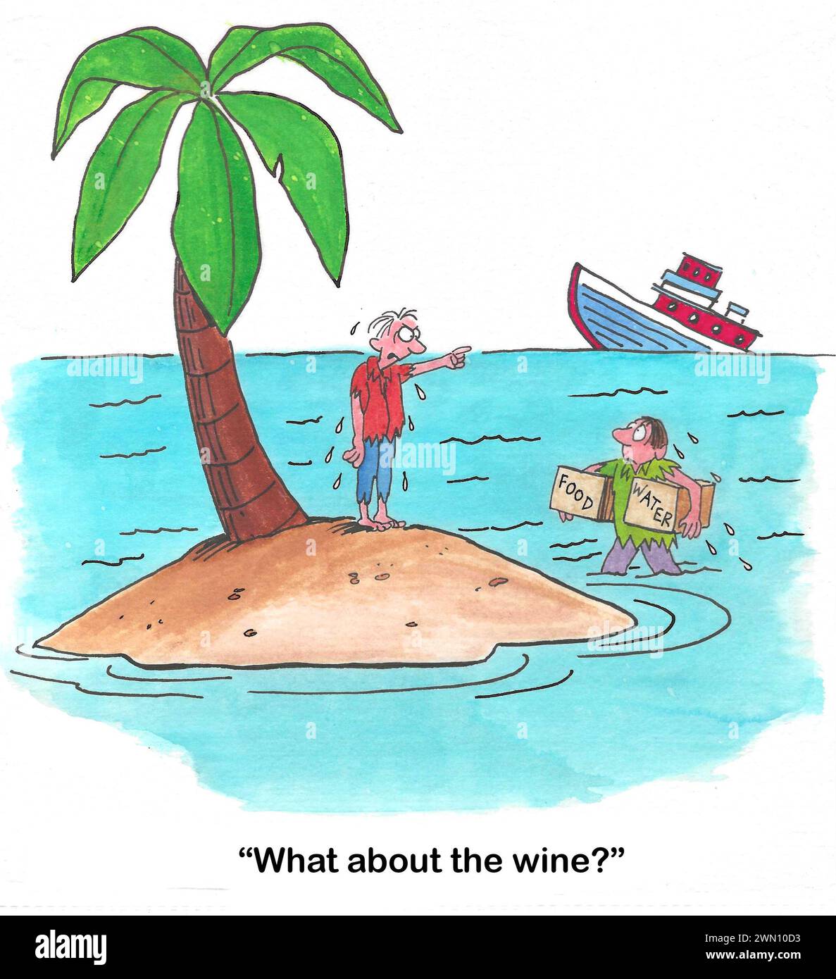 Color cartoon of two stranded boaters.  They have food and water, but no wine. Stock Photo