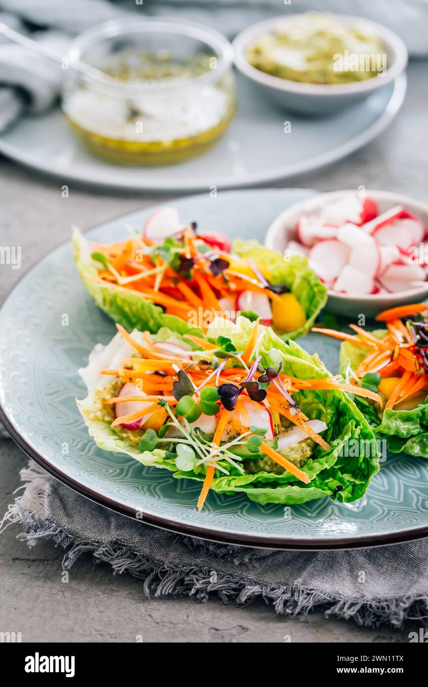 Vegan lettuce wraps with vegetables, avocado spread and microgreens, healthy snack Stock Photo