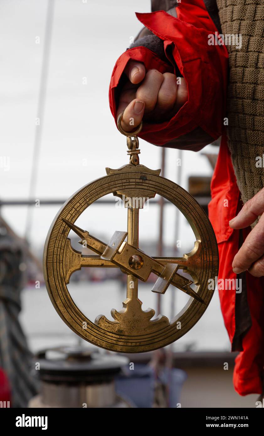 Bronze replica of a 15th century Portuguese astrolabe. Maritime navigation instrument. Astronomical instrument Stock Photo