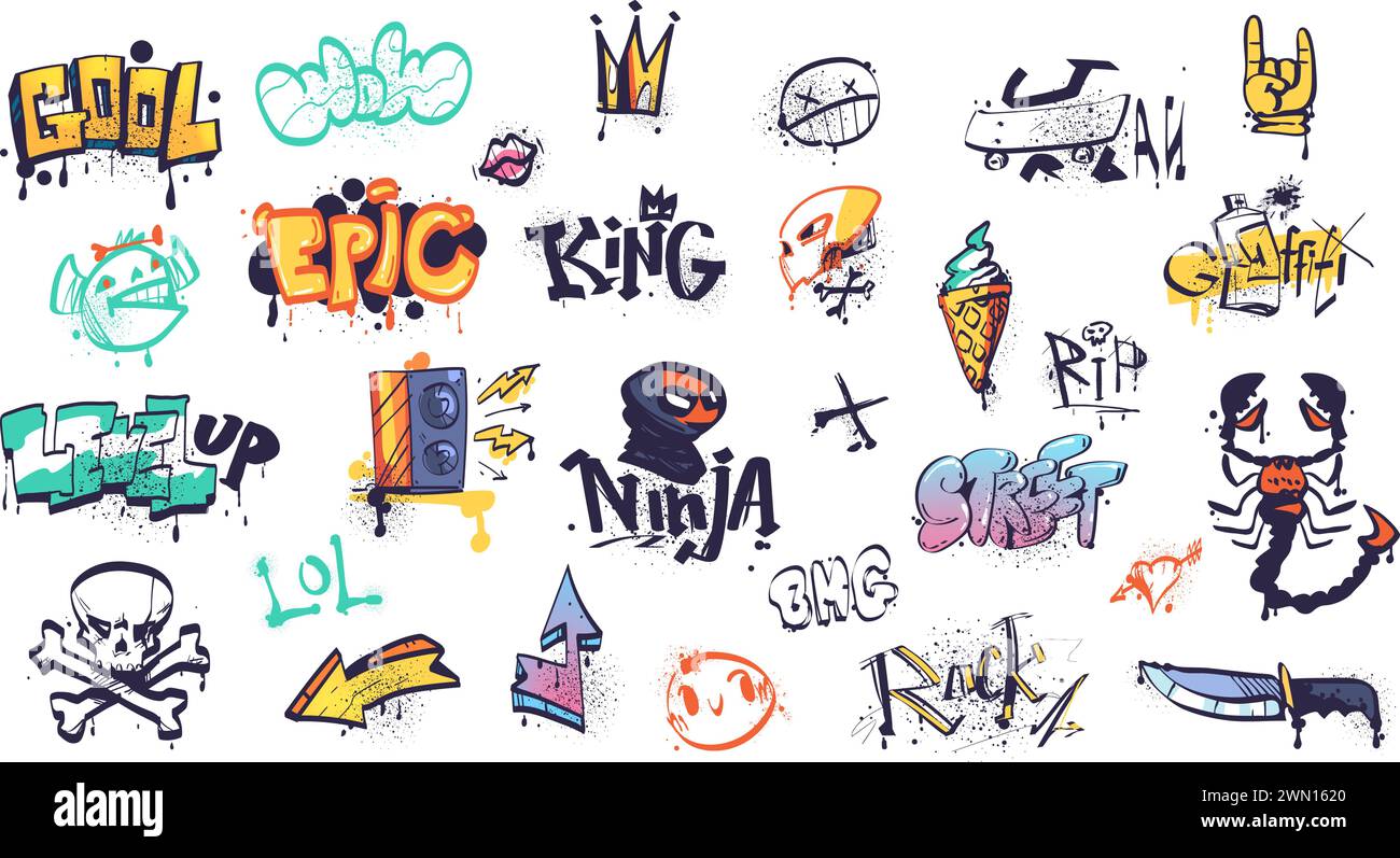 Street writing elements. Doodling wall graffiti urban type teenagers