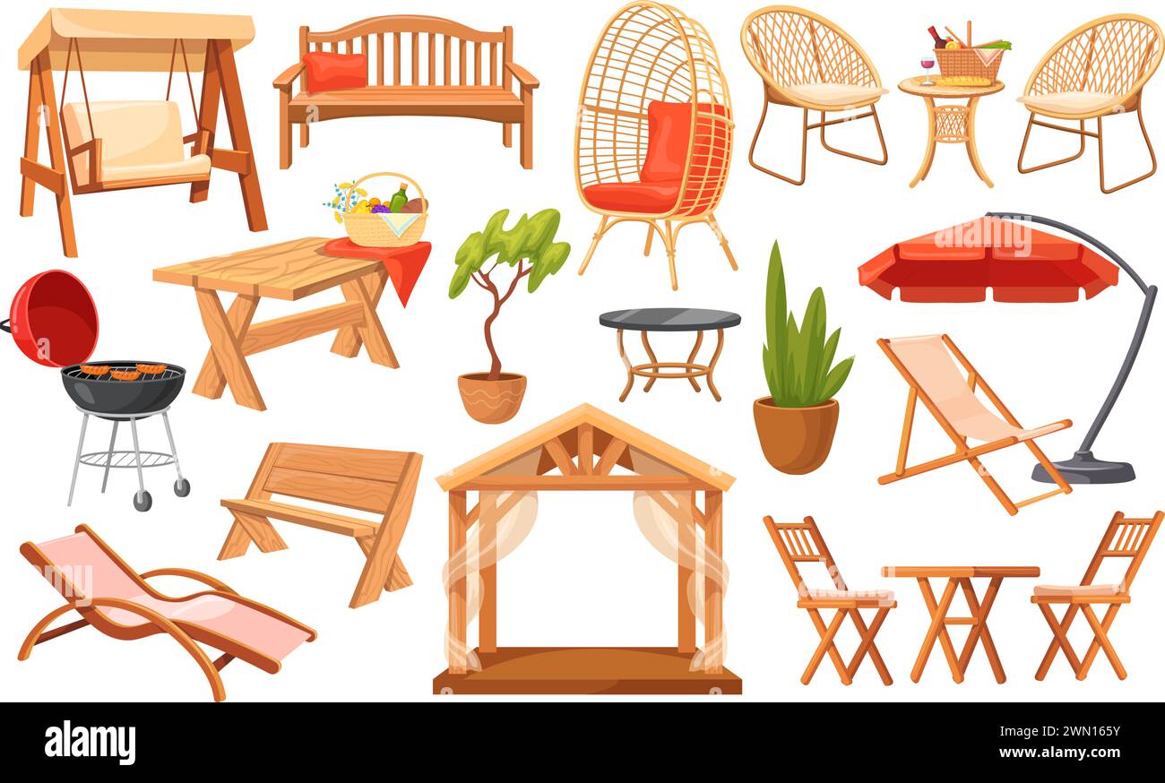 Cartoon outdoor furniture. Living patio exterior elements, wicker ...