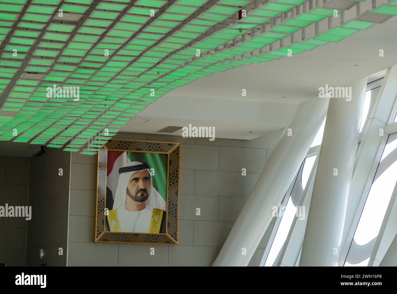 A picture of a portrait of the Sheikh Mohammed bin Rashid Al Maktoum inside the Dubai Frame. Stock Photo