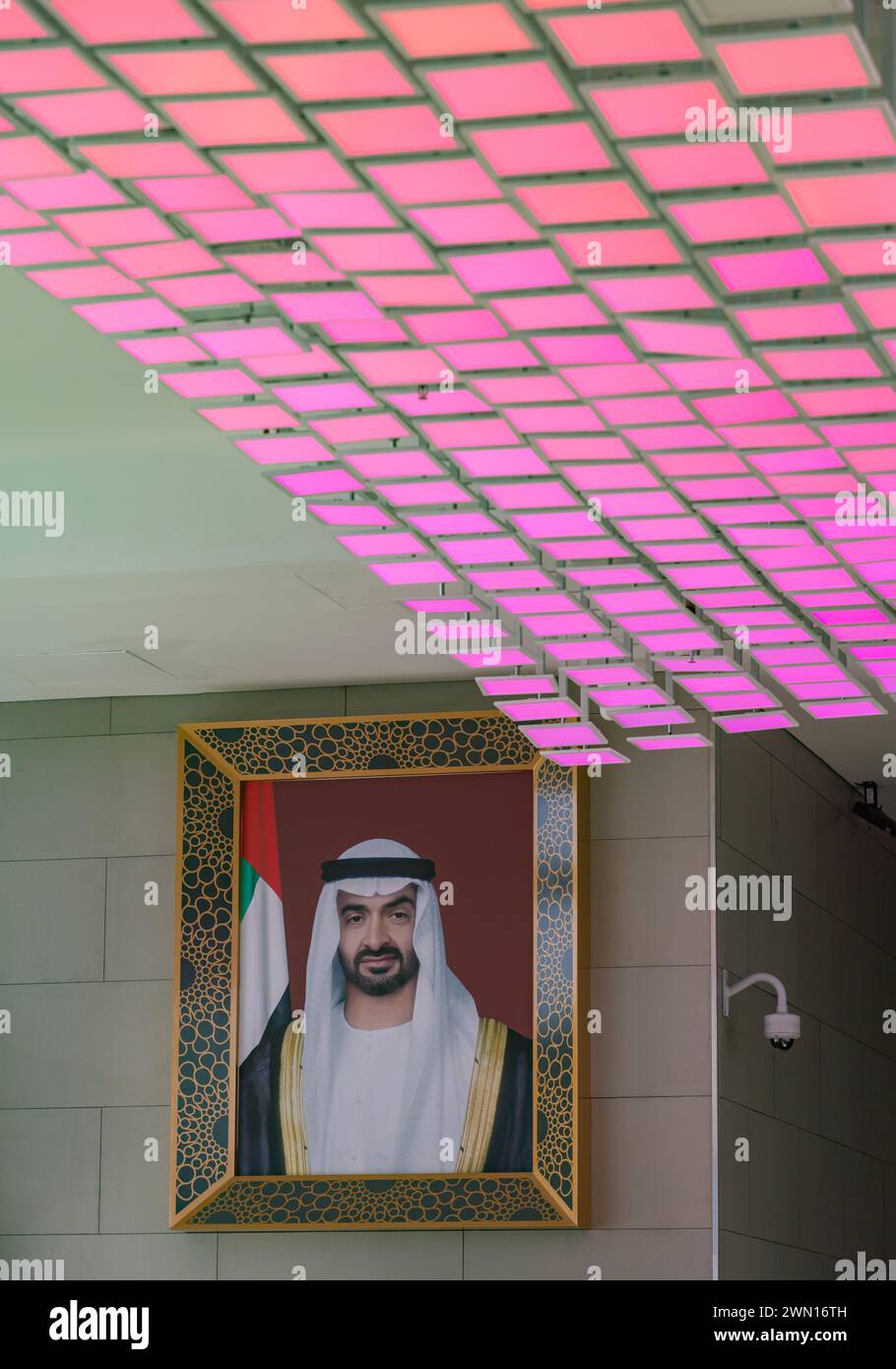 A picture of a portrait of the Sheikh Mohammed bin Zayed Al Nahyan inside the Dubai Frame. Stock Photo
