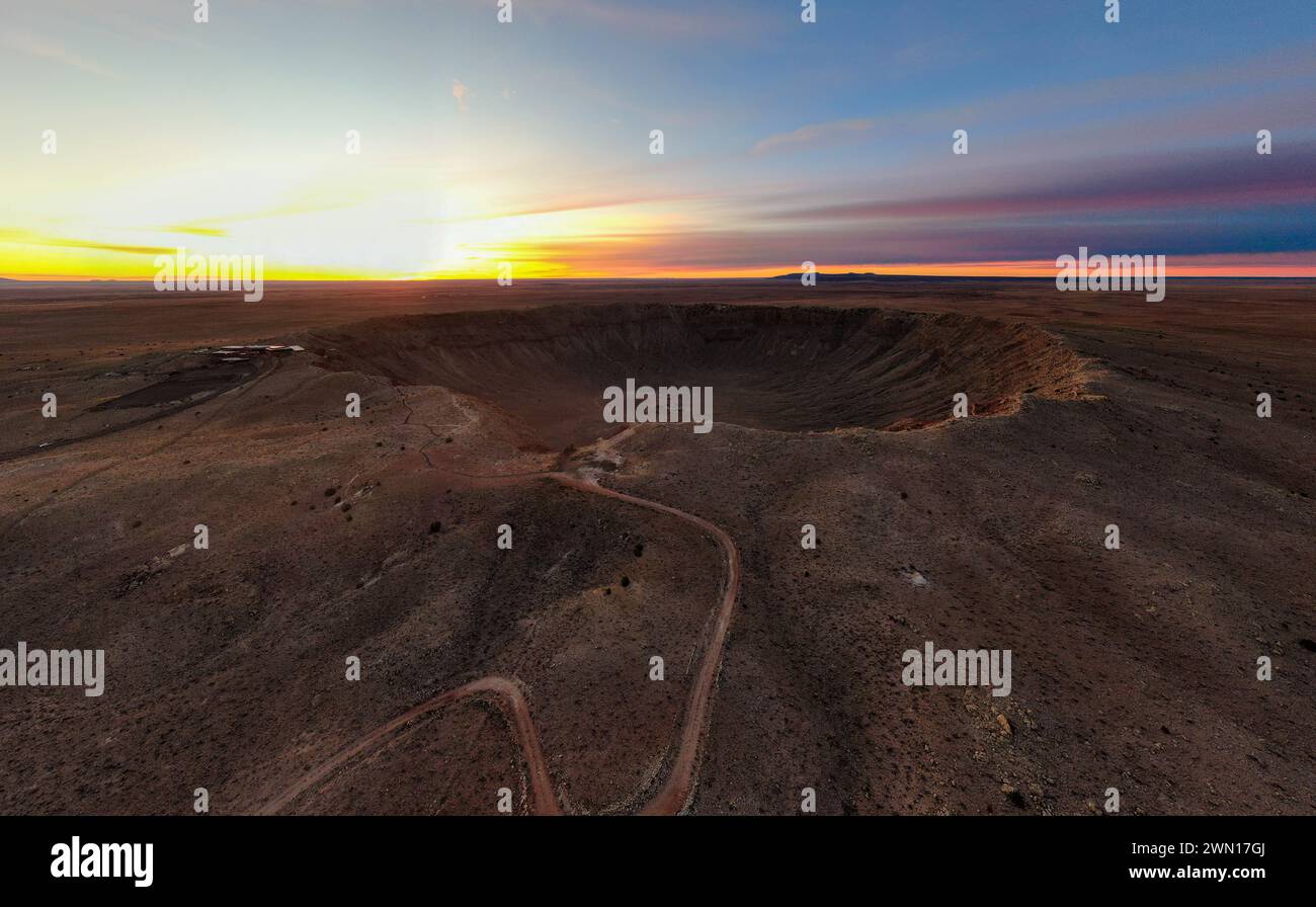 Sunrise at Meteor Crater Arizona by Drone Stock Photo
