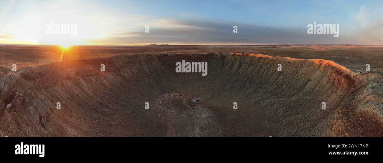 Sunrise at Meteor Crater Arizona by Drone Stock Photo