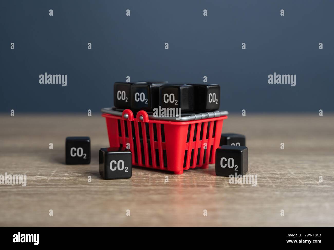 Shopping basket and cubic CO2 gas. Carbon footprint of product
