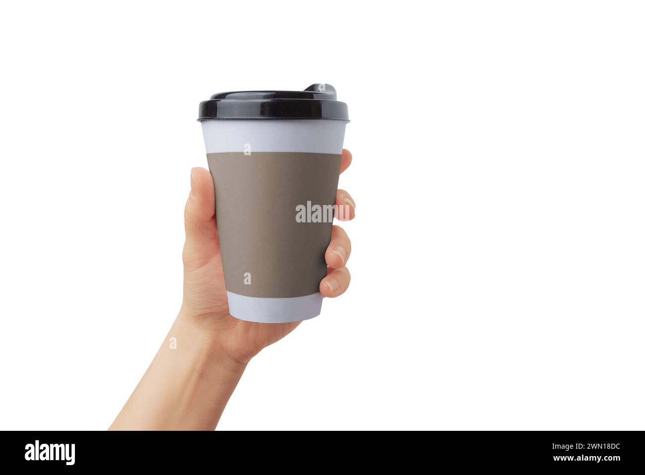 Paper cup with slave in hand isolated in white background. Clean surface for logo promotion, branding Stock Photo