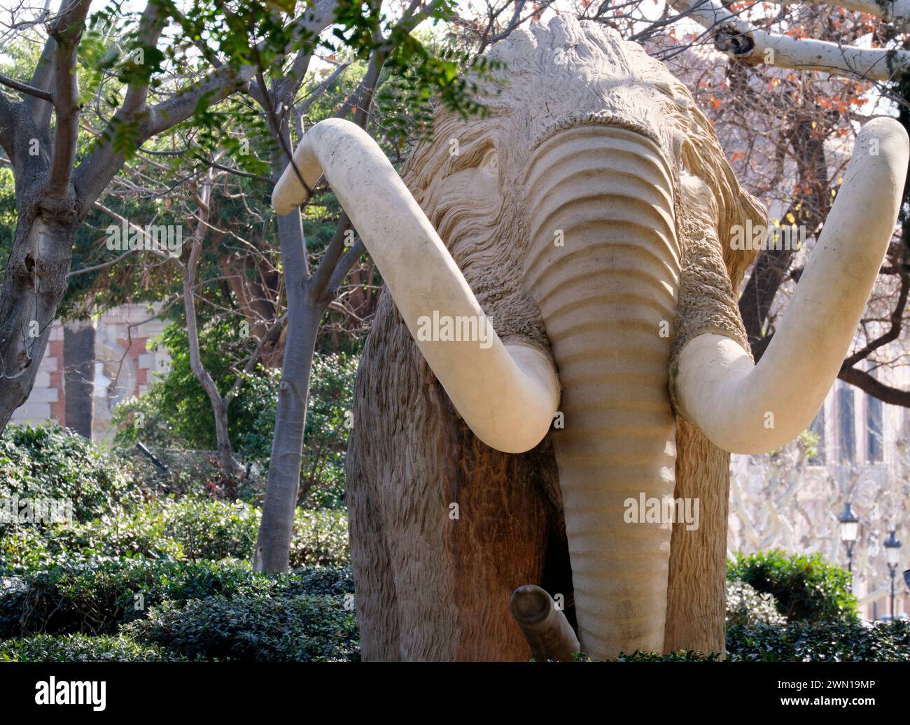 Mammoth Statue Built from a model by sculptor Miquel Dalmau, the concept of Norbert Font i Sagué. Parc de la Ciutadella just outside the zoo. Stock Photo