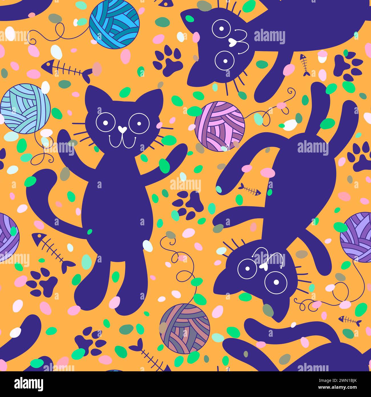 Cartoon animals accessories seamless cats and ball of threads and fish ...