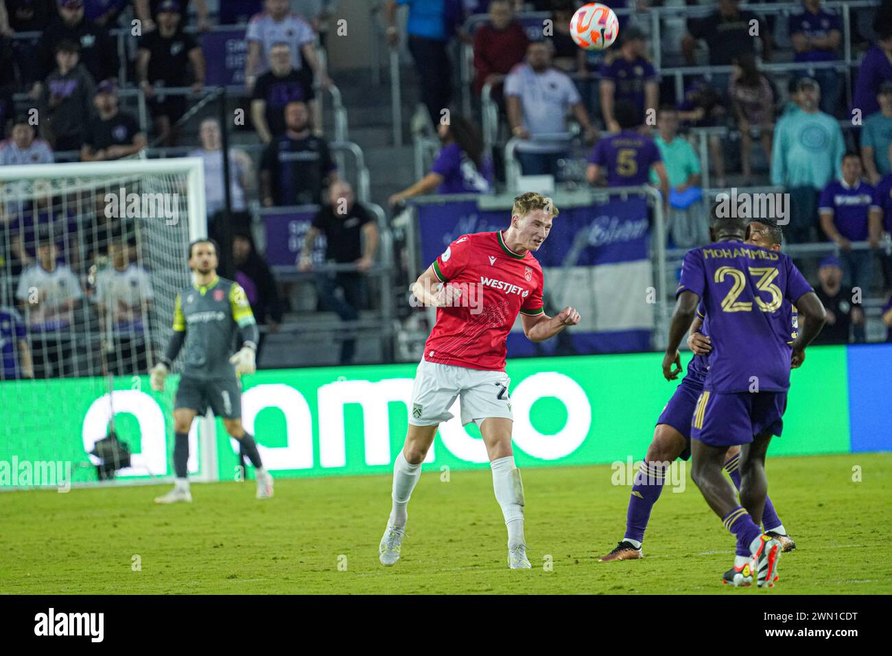 Orlando, Florida, USA, Calvary FC, Calvary FC defender Eryk Kobza #24 makes a header during the match at Inter&Co Stadium in the CONCACAF Champions Cup Match. (Photo Credit: Marty Jean-Louis/Alamy Live News Stock Photo