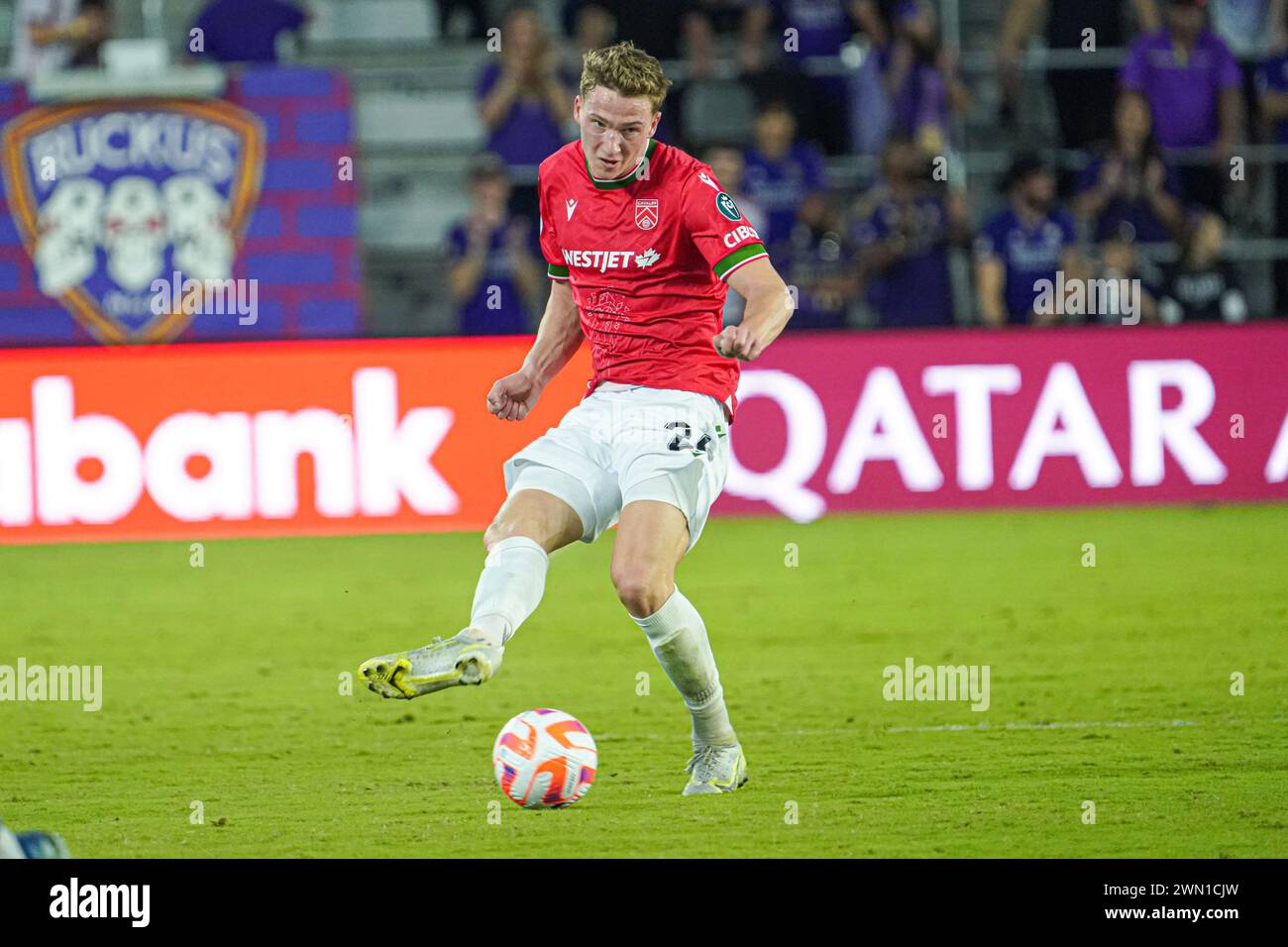 Orlando, Florida, USA, Calvary FC, Calvary FC midfielder Eryk Kobza #24 makes a pass at Inter&Co Stadium in the CONCACAF Champions Cup Match. (Photo Credit: Marty Jean-Louis/Alamy Live News Stock Photo