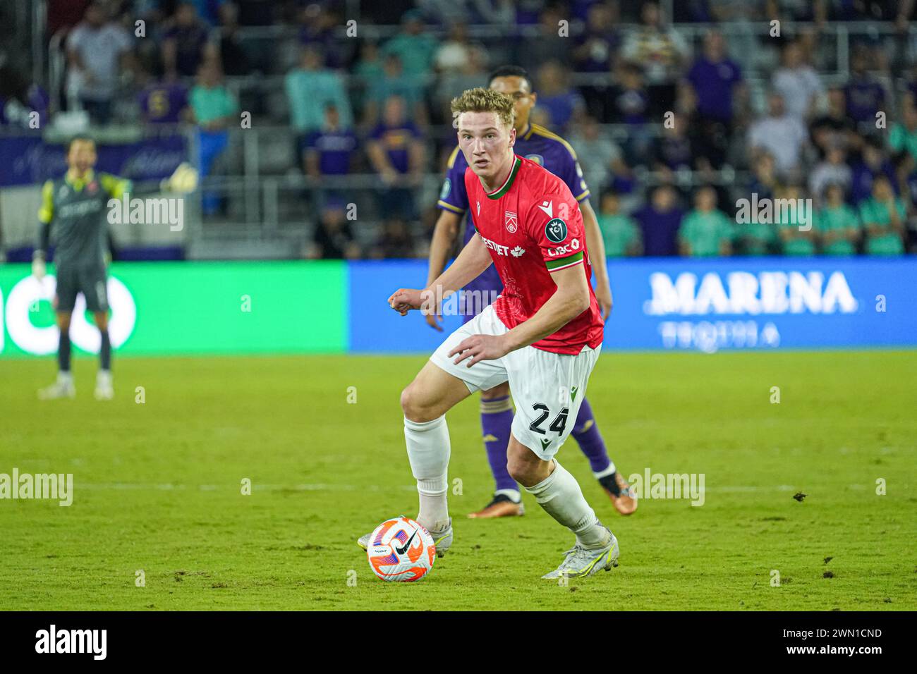 Orlando, Florida, USA, Calvary FC, Calvary FC player Eryk Kobza #24 look to make a pass at Inter&Co Stadium in the CONCACAF Champions Cup Match. (Photo Credit: Marty Jean-Louis/Alamy Live News Stock Photo