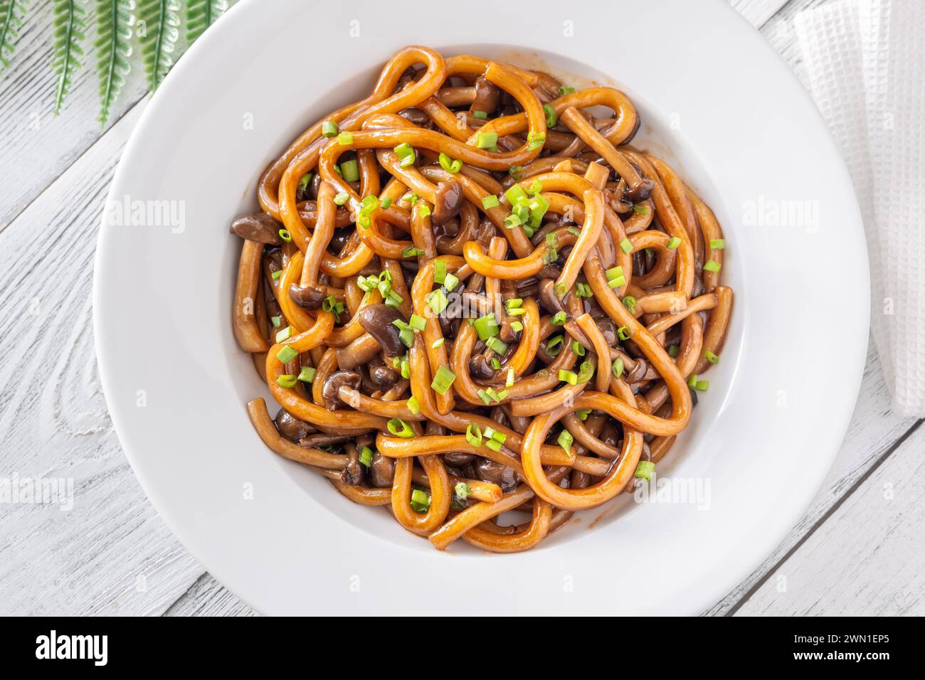 Portion of udon noodles with brown beach mushrooms Stock Photo