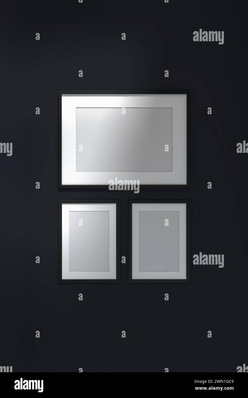 Mockup poster frames on black wall. 3d rendering. Stock Photo