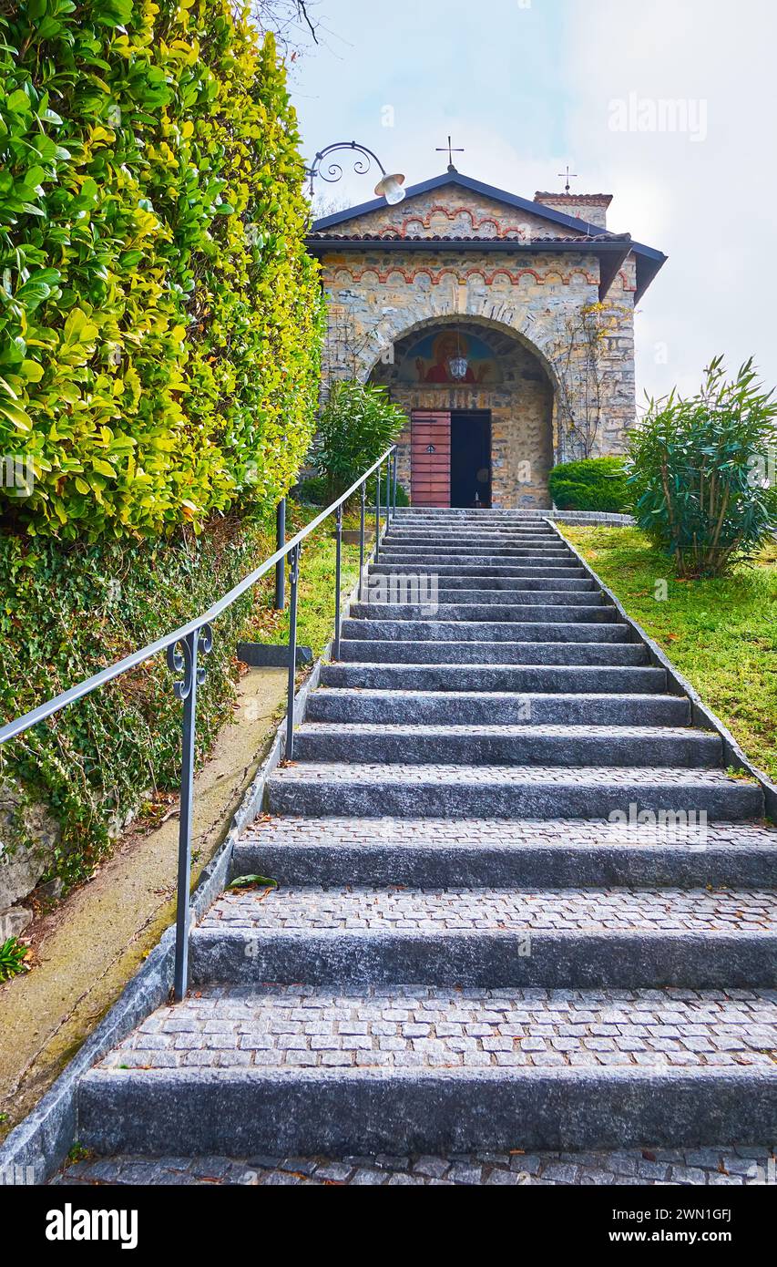 The long stone staircase, leading to the Immaculate Heart of Mary (Cuore Immacolato di Maria) Church of Aldesago, Lugano, Switzerland Stock Photo