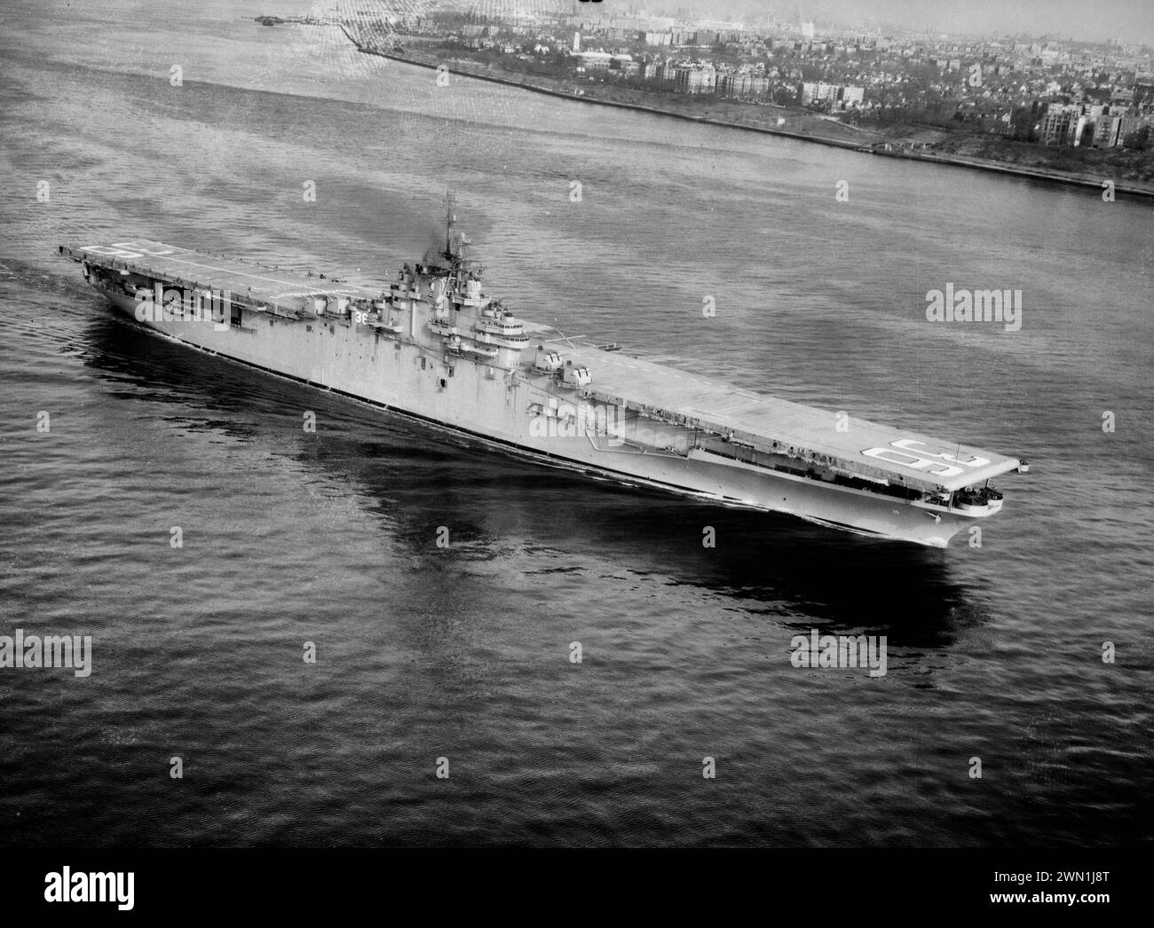 Aerial view of USS Antietam - CVA 36 American Aircraft Carrier Stock Photo