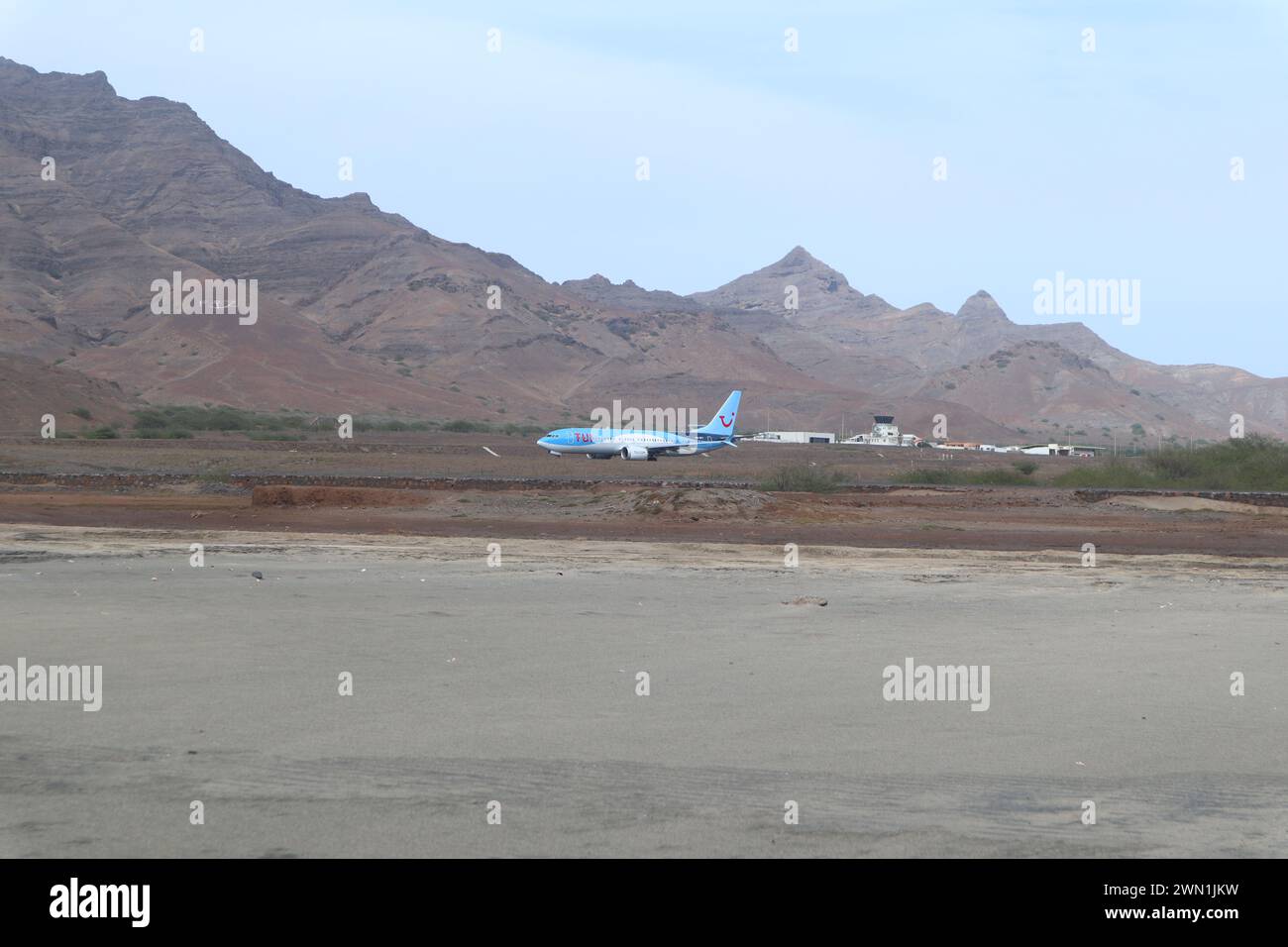 Airplane take off Sao Pedro Sao Vicente Cape Verde Stock Photo