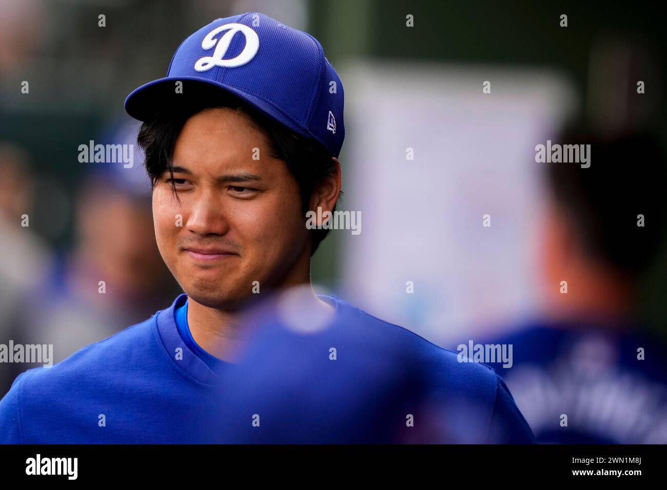 Los Angeles Dodgers designated hitter Shohei Ohtani walks in the dugout ...