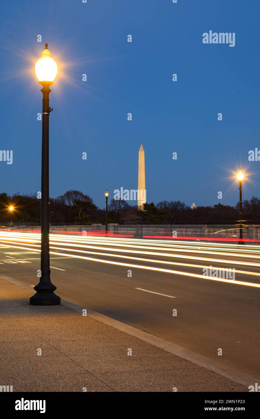 Light trails on Arlington Bridge in Washington DC Stock Photo
