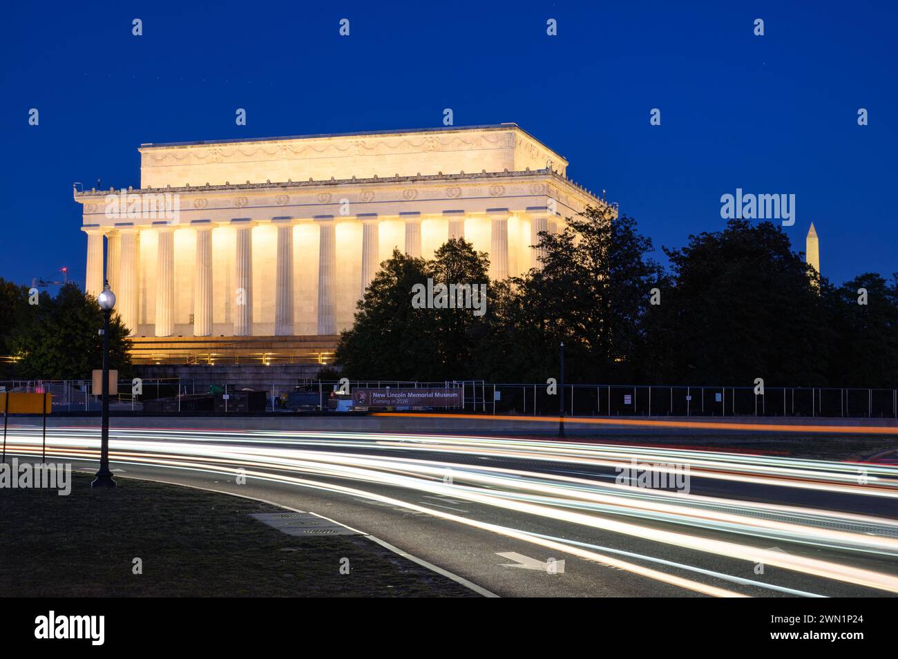 Light trails at the Lincoln Memorial in Washington DC Stock Photo