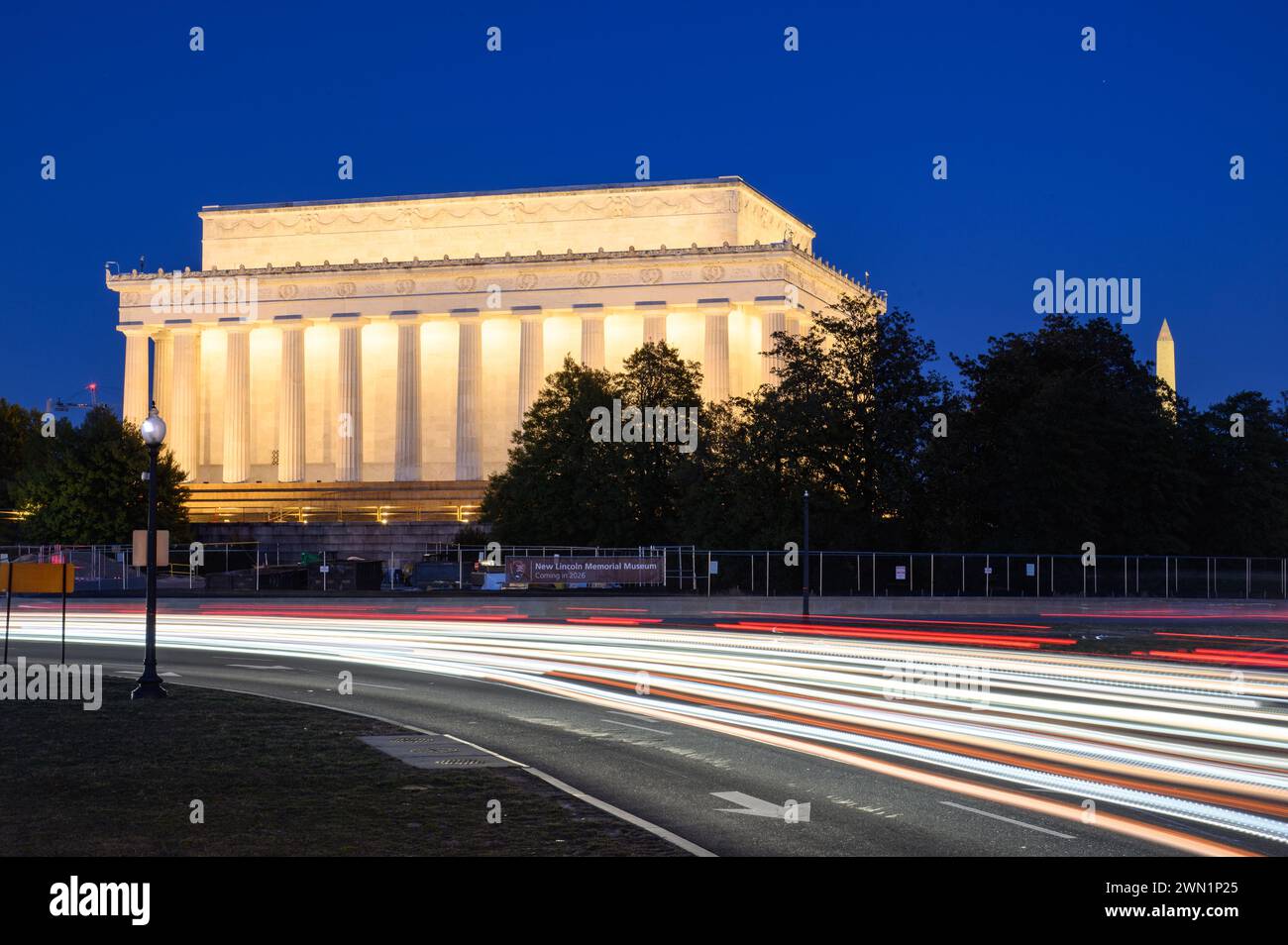 Light trails at the Lincoln Memorial in Washington DC Stock Photo