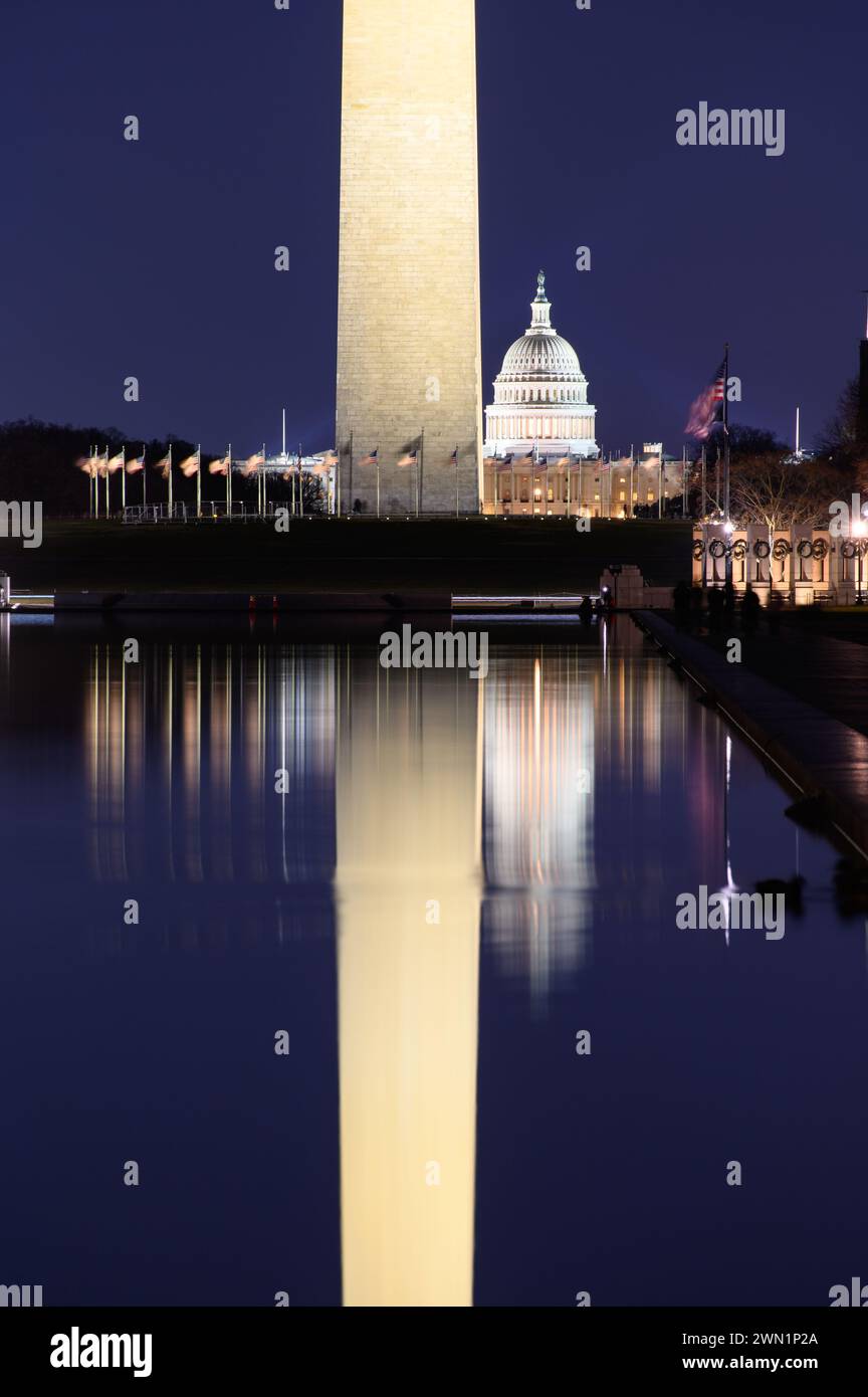 Reflections of the Washington Monument and Capitol Building in DC Stock Photo