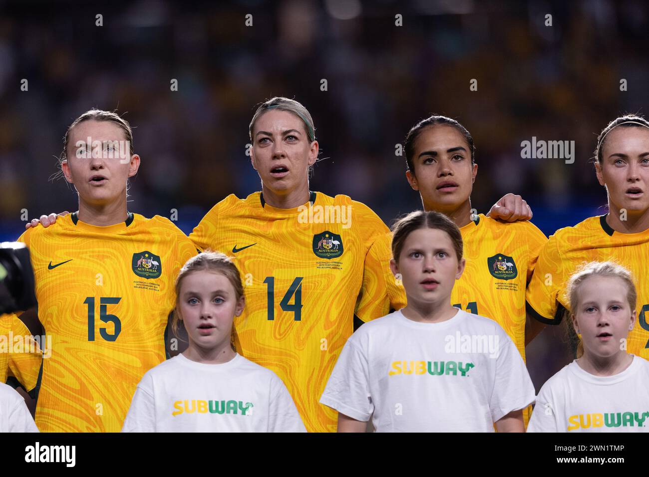 Melbourne, Australia, 28 February, 2024. Matildas singing the national