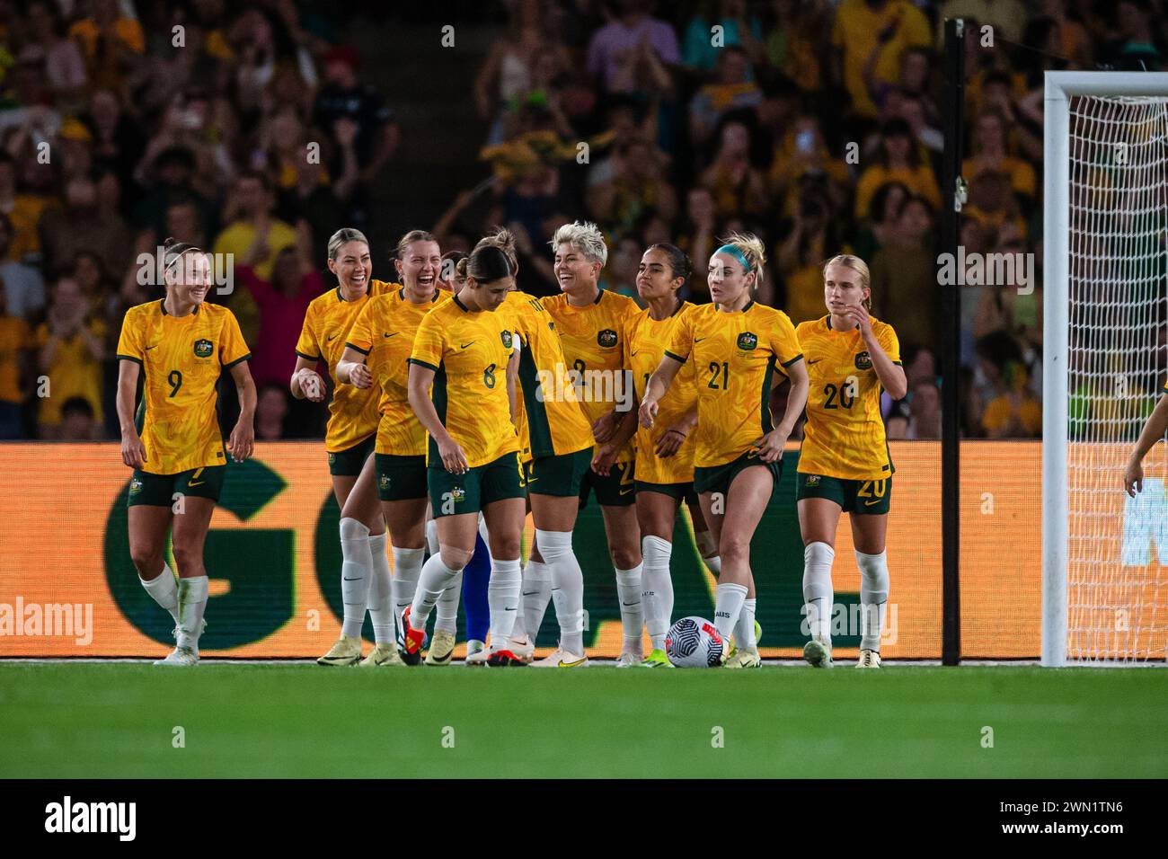 Melbourne, Australia, 28 February, 2024. Matilda’s celebrating a goal