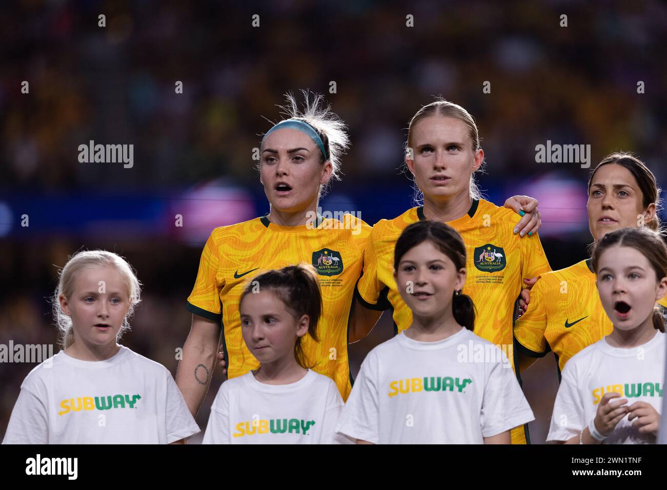 Melbourne, Australia, 28 February, 2024. Matildas singing the national