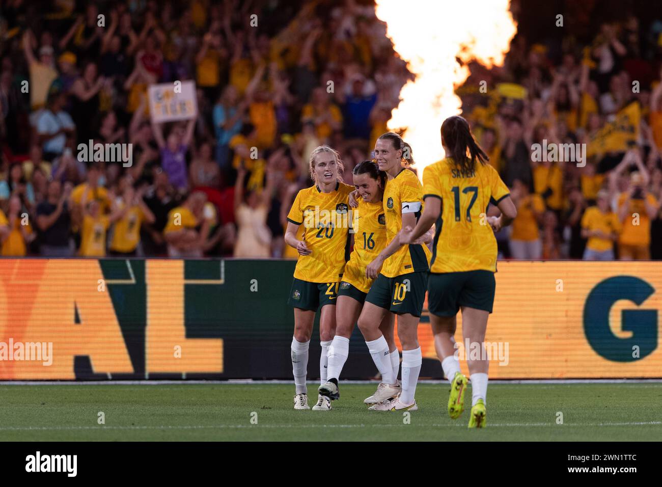 Melbourne, Australia, 28 February, 2024. Matildas celebrate a goal