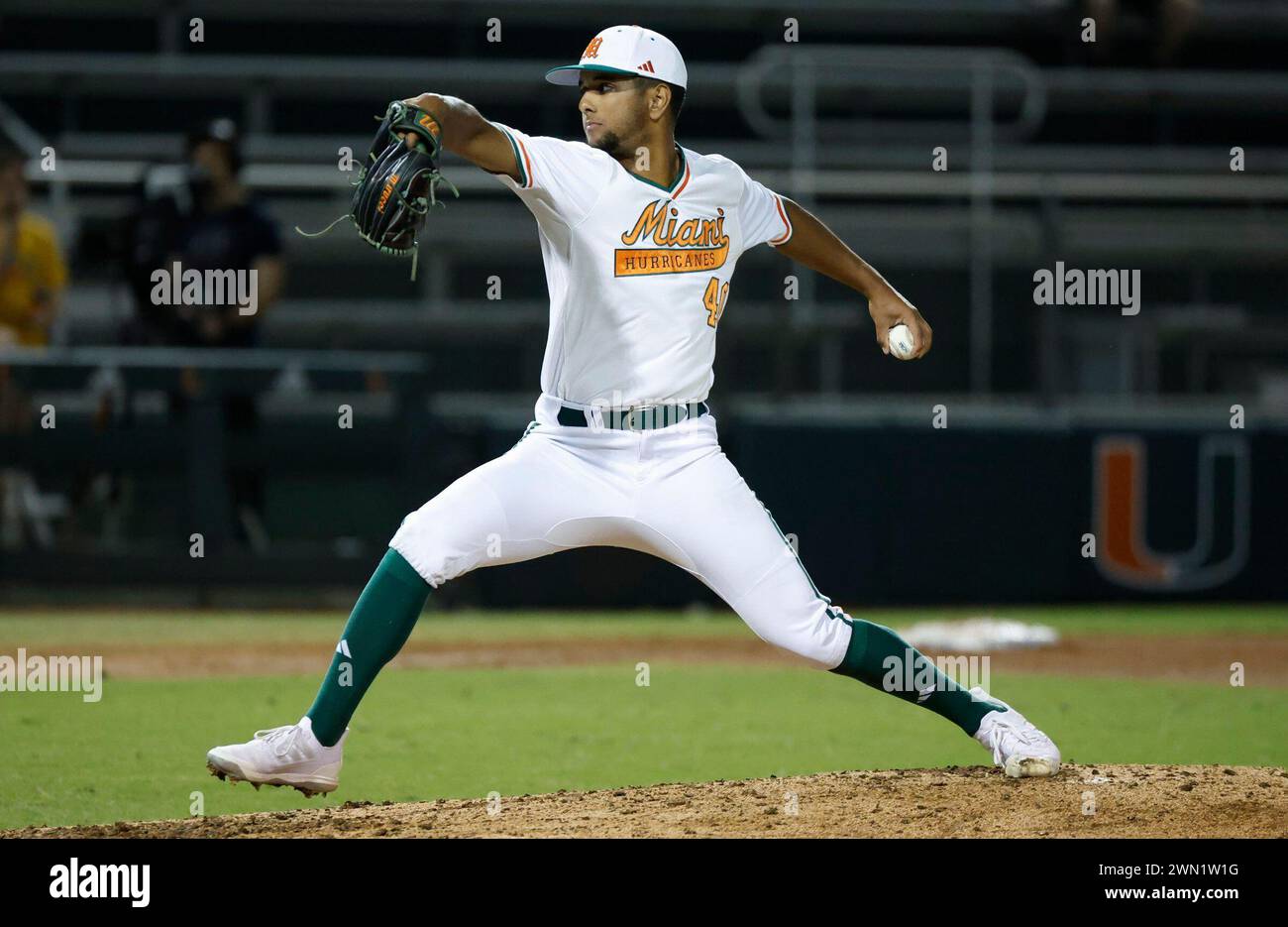 Miami pitcher Myles Caba (40) pitches against Florida Gulf Coast ...