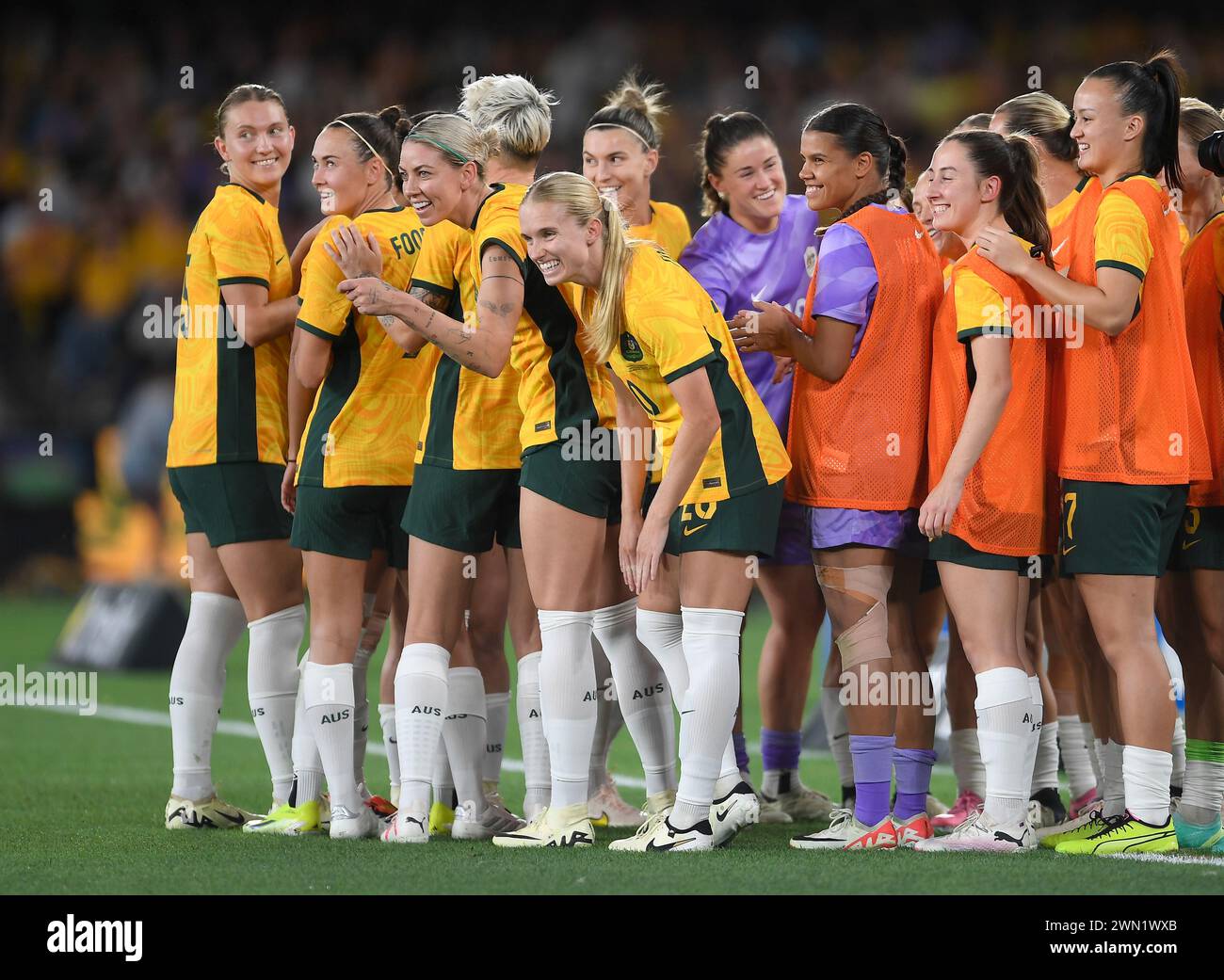 MELBOURNE, AUSTRALIA Melbourne, Victoria, Australia. 28 February, 2024.  Matildas squad at the 2024 AFC Women's Olympic Qualifying Tournament R3 Australia Women v Uzbekistan Women at Melbourne's Marvel Stadium. Credit: Karl Phillipson/Alamy Live News Stock Photo