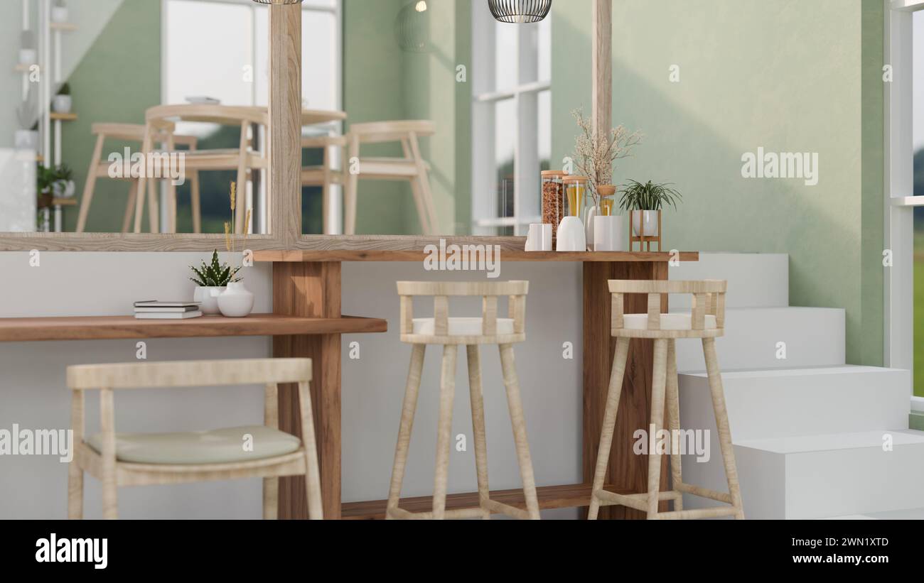 The interior design of a cozy, Scandinavian coffee shop features wooden ...