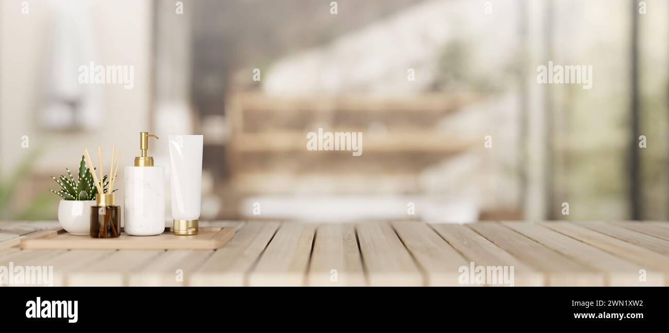 A spa set and a presentation space for displaying products on a wooden ...