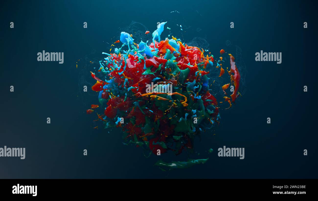 3d render, fluid liquid splash color on dark background Stock Photo