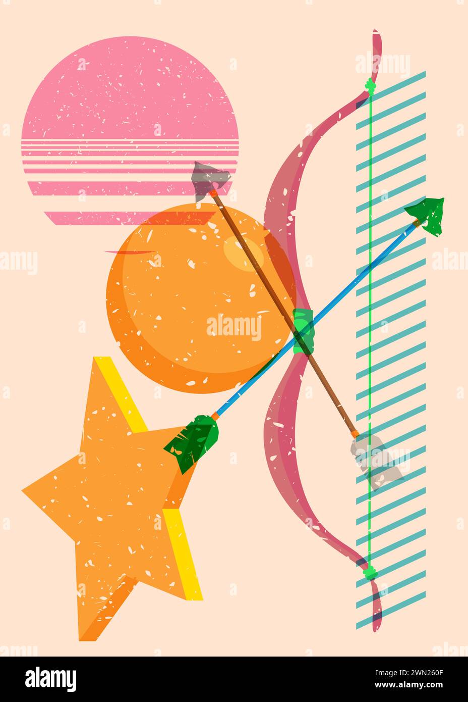 Risograph Bow and arrow with geometric shapes. Objects in trendy riso ...